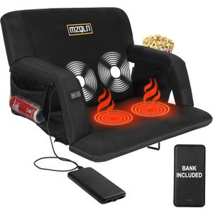 Heated Massage Reclining Stadium Seat, 25 Inch Bleacher Chair with 10000mAh Portable Bank, 6 Reclining Positions for Camping, Games & Sports (1pcs Black)