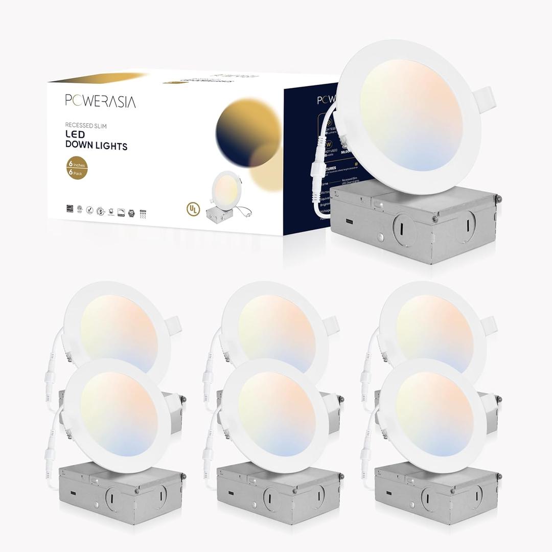 POWERASIA 6 Pack 6 Inch UL Certified LED Recessed Lighting with Junction Box, 5CCT 2700K-6000K Selectable Ceiling Light, 15W 1200lm Ultra-Thin Recessed Downlight-Energy Star Certified