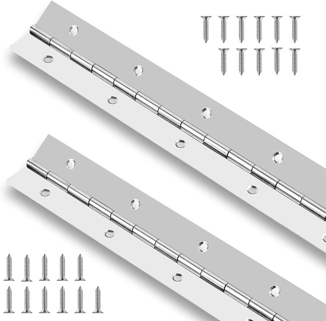 2PCS Piano Hinge 24 Inch Stainless Steel Continuous Hinge with Holes Heavy Duty Piano Hinge for Cabinets Boat Marine Door, 0.035" Leaf Thickness, 1.2 Inch Open Width, Screw Included