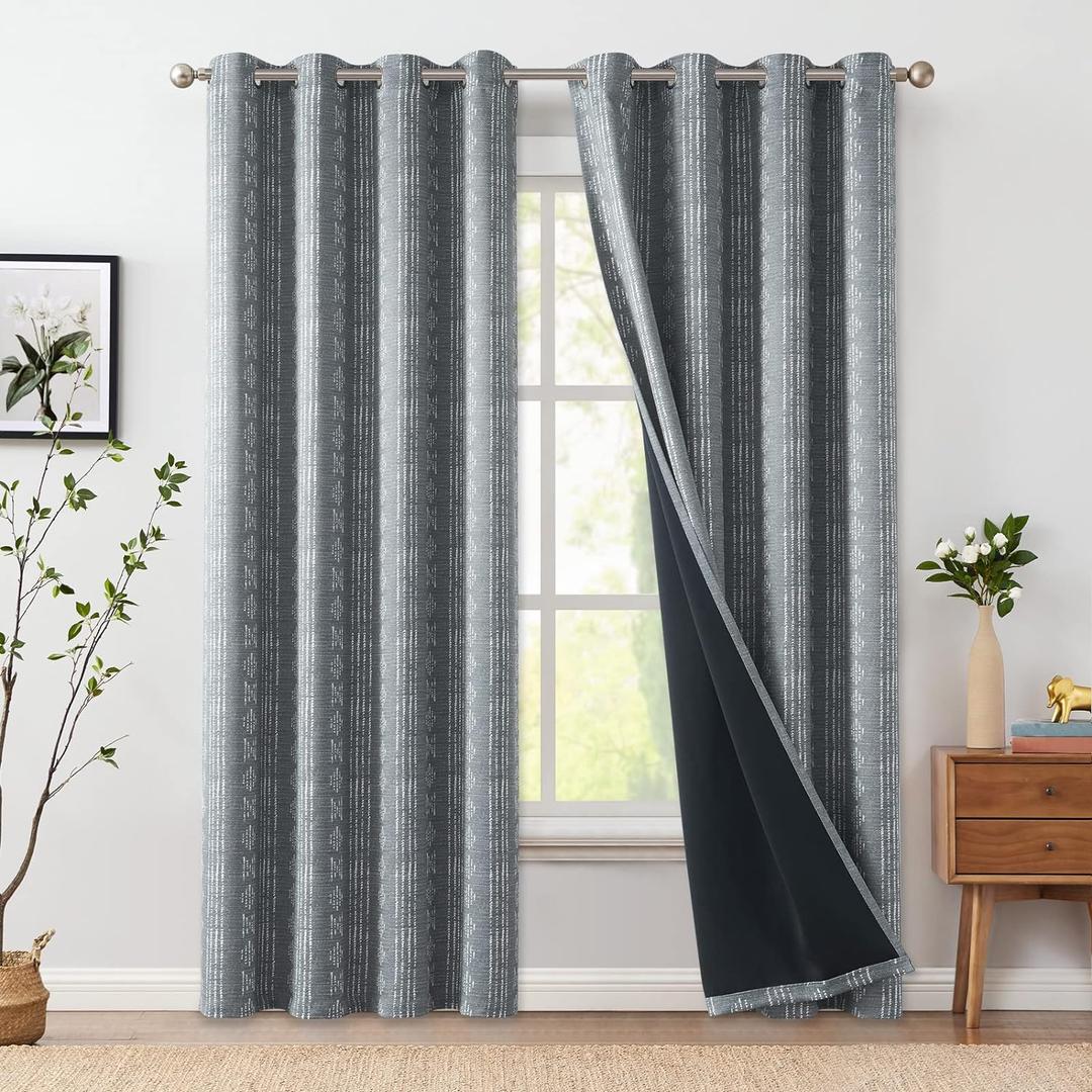 jinchan 95% Blackout Boho Curtains 84 Inches Long for Bedroom White on Grey Geometric Printed Grommet Top Room Darkening Thermal Insulated Window Drapes 2 Panels