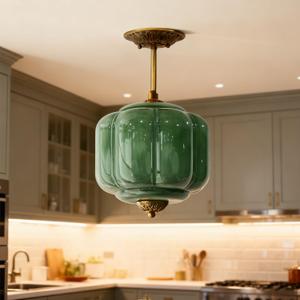 MIXL-Modern Milk Glass Ceiling Pendant Light,Semi Flush Mount Green Glass Ceiling Light Fixture,Art Deco Hallway Lighting Fixture,Antique Gold Pendant Lamp for Living Room Bedroom, 9.84 Inches