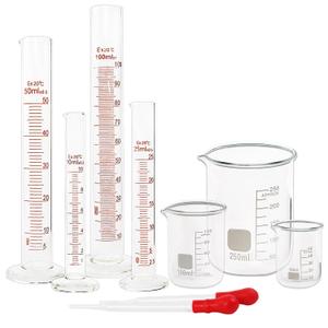 SUPERLELE Glass Graduated Cylinder Set 10ml 25ml 50ml 100ml, Thick Glass Beaker Set 50ml 100ml 250ml with 2 Droppers
