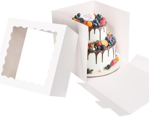Moretoes 14 Pack Cake Boxes, 12x12x12 Inch Tall Cake Containers with Window for Tier Cakes, Disposable Sturdy Bakery Carrier with Lids, for Valentine's Day, Mother's Day, Wedding, Birthday