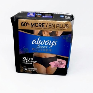 Always Discreet Boutique Incontinence and Postpartum Underwear for Women, Maximum Protection, XL, Black, 16 Count (Pack of 1)