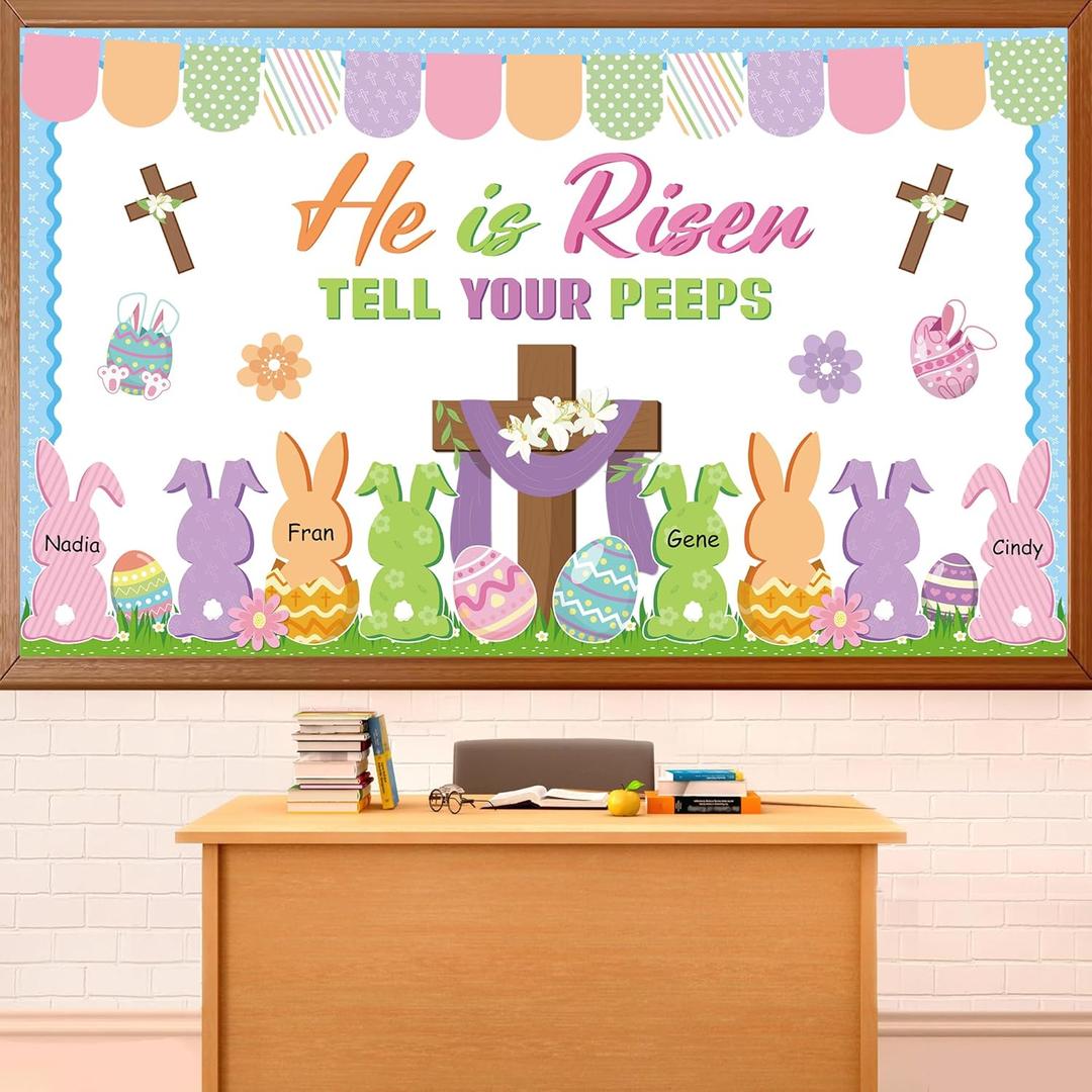 Easter Bunny Peeps Christian Bulletin Board Set He is Risen Christian Classroom Decoration Set Cross Candy Bunny Peeps Cutout for Teacher Sunday School Chalkboard Easter Classroom Door Wall Decor