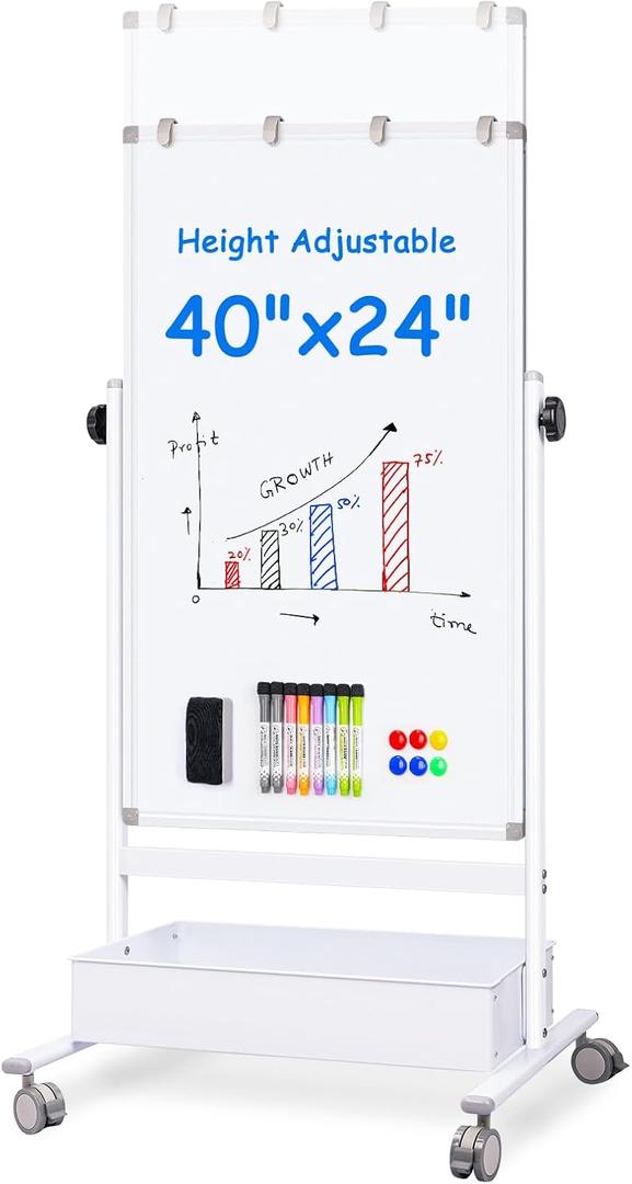 maxtek Mobile White Board Easel, 40x24 Inches Magnetic Storage Dry Erase Board Easel for Classroom, Rolling Height Adjustable Stand on Wheels for Home, School, Teachers & Kids