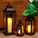 TRIROCKS Set of 3 Vintage Candle Lanterns 10/14/19.5''H Decorative Outdoor Lantern Metal Candle Holder with Tempered Glass for Home Living Room Garden Yard Event Indoor Outdoor (Black with Gold Brush)