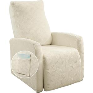 SearchI Recliner Chair Cover Jacquard Chair Covers 4 Piece, Small Recliner Sofa Slipcover for Home Theater Seating with Elastic Bottom, Recliner Protector with Pocket for Recliners, Beige