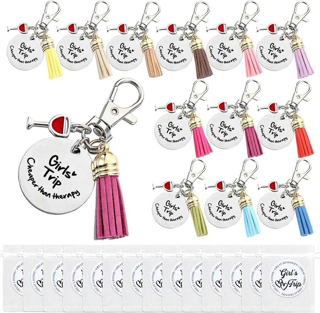 Sureio 12 Sets Girls Trip Gifts Favors Keychains Girls Weekend Favors for Women Travel Gift Key Ring Charm for Bestie Friends Sisters Friendship Cruise Vacation Bachelorette Party Supplies