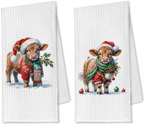 OTOUO Cow Christmas Kitchen Towels, Farmhouse Hand Towels for Bathroom, Dish Tea Towels for Kitchen Decor, 16x24 Inch Set of 2