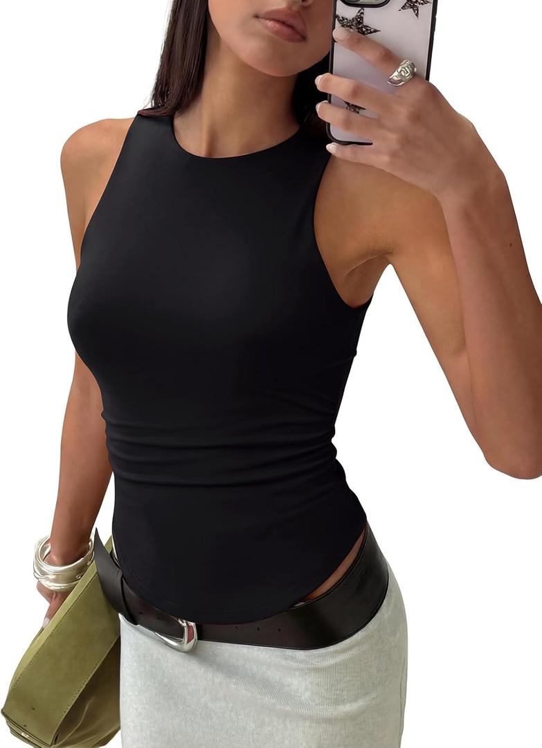 REORIA Womens High Neck Sleeveless Tank Tops Racerback Double Lined Basic Tops Summer Fitted Going Out Tops (Black, M)