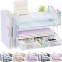 Gianotter Desk Organizers and Accessories with File Holder, 4-Tier Desk Accessories & Workspace Organizers with Drawer and 2 Pen Holder, Paper Organizer for Office Supplies (White)