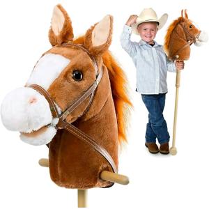 HollyHOME Stick Horse Plush Handcrafted Hobby Horse on a Stick with Wood Wheels Real Pony Neighing and Galloping Sounds for Kids Toddlers Dark Brown 36 Inches(AA Batteries Required, Dark Brown