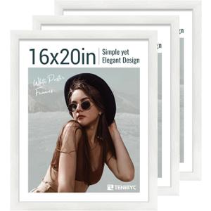 16x20 Picture Frame Set of 3 - White Woodgrain, Solid Wood, HD Tempered Glass, Wall Gallery Poster Frame