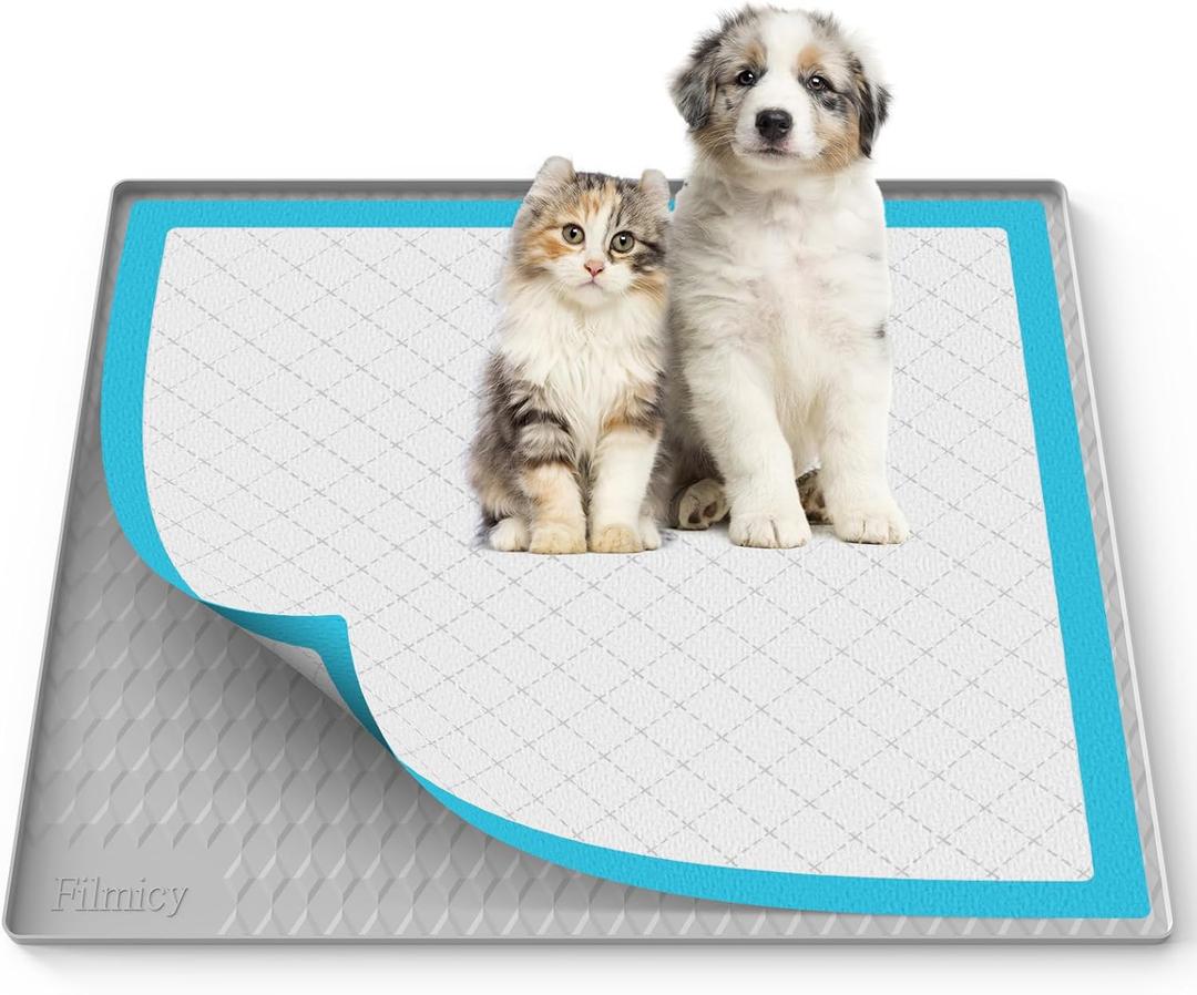 Pee Pad Holder for Dogs,Silicone Dog Puppy Pad Holder, 34 x 28 No Spill Raised Lip High Edge,Portable, Leak-Proof Mat Holder for Dog Training Pads,Square Potty Trays for Home Floor Protection (Light Grey)