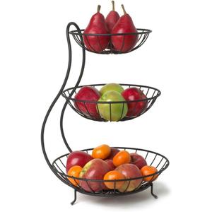 Spectrum Yumi 3 Tier Fruit Basket Server Kitchen Organizer for Fruit Produce Bread Snack & More, Heavy Duty Steel Three Wire Basket Fruit Stand for Kitchen Counter & Dining Table Storage Decor, Black