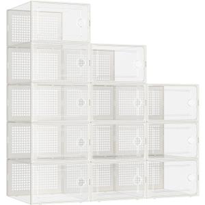 Kuject Large Shoe Organizers Storage Boxes for Closet, 12 Pack Clear Plastic Stackable Storage Bins with Lids, Under Bed Shoe Containers for Entryway, Fit up to Women's Size 10,Black,Off-white