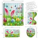 4 Pcs Easter Shower Curtain Set with Non-Slip Rugs, Toilet Lid Cover and Bath Mat, Cute Rabbit Ear Colorful Easter Eggs Shower Curtains with 12 Hooks (Green)