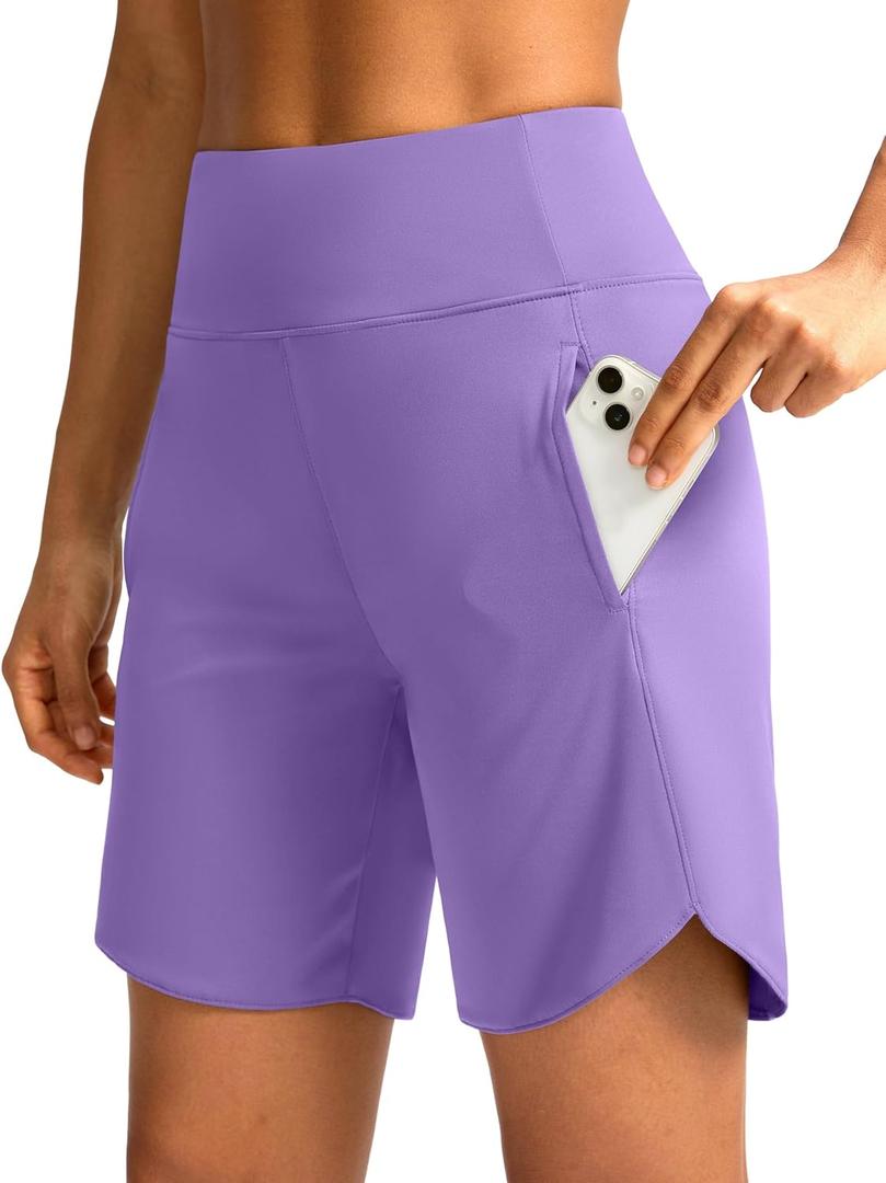 Soothfeel Women's 7" Athletic Running Long Shorts with Pockets High Waisted Bermuda Shorts for Women Workout Walking Casual (L)