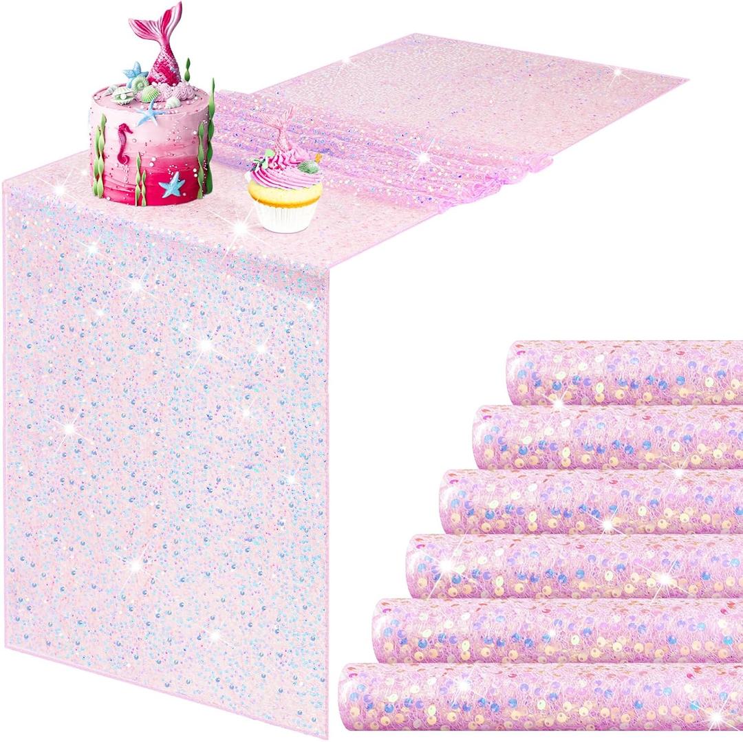 Remagr 6 Pcs Iridescent Pink Sequin Table Runner 12 x 72 Inch Mermaid Table Runner Glitter Sequin Sparkly Desk Cover for Wedding Birthday Party Ceremony Supplies Decor