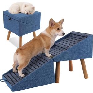 17.13" H Dog Stairs for Small Dogs, 2-in-1 Pet Steps & Ottoman - Foldable Dog Stairs for Couch, Non-Slip Wooden Pet Stairs for Puppy Senior Injured Dogs (Blue)