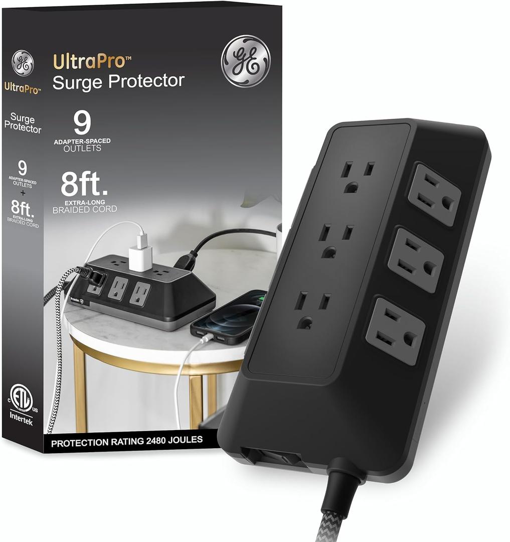GE UltraPro Adapt 9-Outlet Surge Protector, 8ft Braided Cord Power Strip Surge Protector, Surge Protector Power Strip, 2480 Joules, Black, 73774