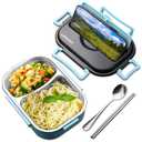 48.5-Oz Stainless Steel Bento Box Adult with Phone Stand Reusable Stainless Steel Lunch Box for Hot Food with Durable Plastic & Soft Rubber Cover Hot Food Lunch Container with Spoon & Chopsticks (Blue Bento Box)