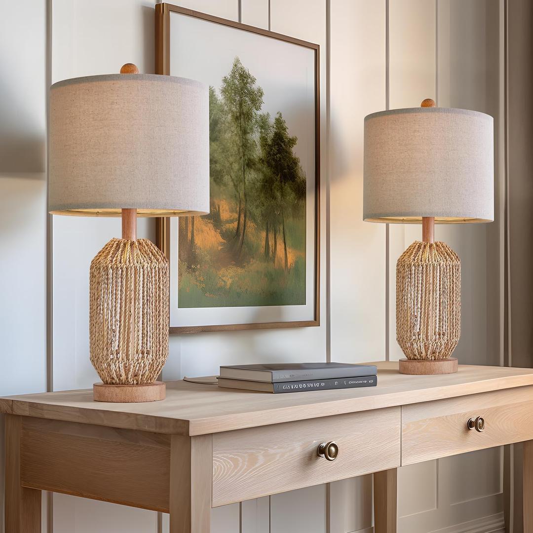 OYEARS 21" Boho Table Lamps Set of 2 for Living Room, Bedside Lamps for Nightstand, Rattan Lamp for Bedroom, Farmhouse Table Lamps for Boho Decor, End Table, Retro, Brown