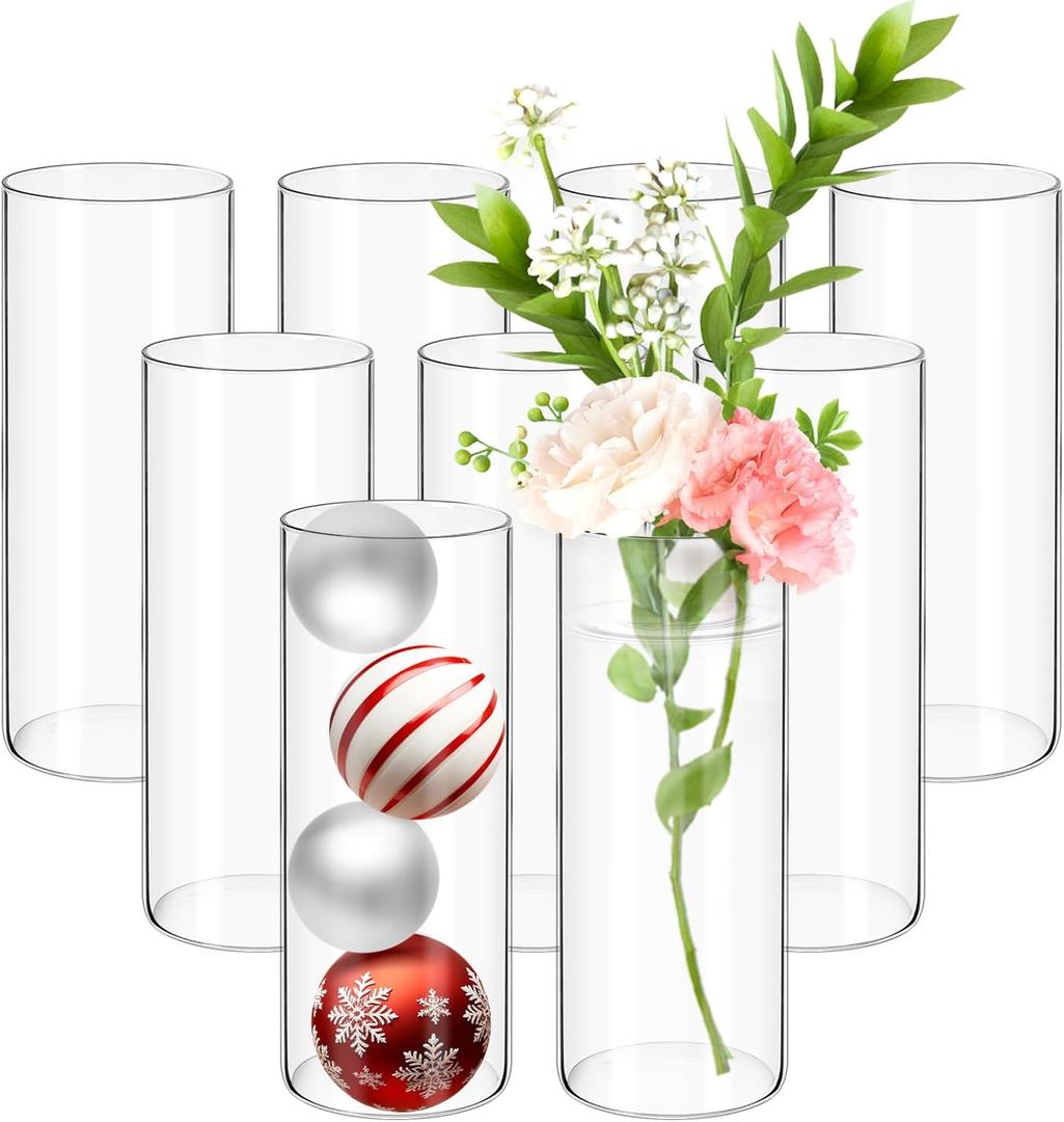 9 Pack Glass Cylinder Vases 10 Inch Tall Clear Flower Vases for Centerpieces, Hurricane Floating Candle Holder Wedding Decorations, Floral Simple Vase Bulk for Party Home Decor (3.35 x 10 Inch)