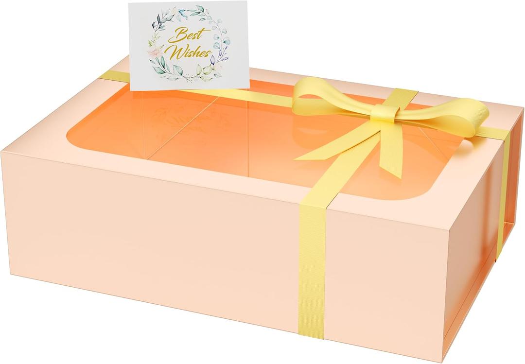 PSHVYM Large Gift Box with Window, 13.5x9x4.3 In Rose Gold Gift Box for Presents Magnetic Lids Collapsible for Bridesmaid Proposal Box, Wedding, Birthday, Christmas, Contains Card, Ribbon