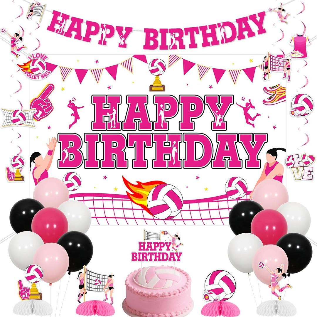 Volleyball Birthday Party Decor Girls Volleyball Happy Birthday Backdrop Banner Hanging Swirls Ball Game Honeycomb Centerpieces Pink Sports Lover Cake Toppers Sports Table Decor for Girls