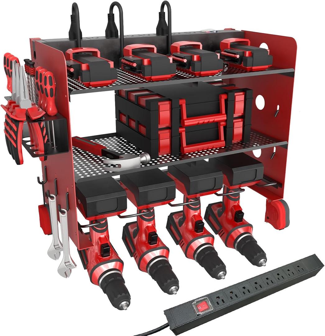 NWH Power Tool Organizer Wall Mount with Charging Station3 Layer Storage Rack for Organization 4 Drill Storage Shelf with Hooks, Drill Bit Heavy Duty Rack, with 8 Outlet Power for Garage and Workshop