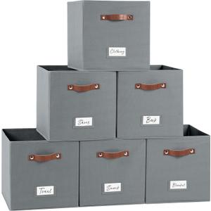 13 Inch Cube Storage Bin 6 Pack Collapsible Fabric Basket with Handles and Labels, Cube Storage Organizer for Closet, Bedroom, Living Room, Beige