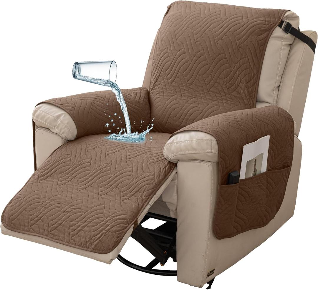 Deep Dream Waterproof Recliner Chair Covers, Non-Slip Recliner Couch Cover, Lazy Boy Chair Cover Furniture Protector, Washable Quilted Sofa Slipcover with Pocket for Pets, Kids(Brown,23")