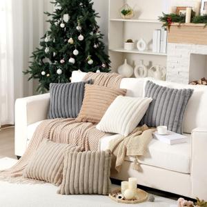 Mixweer 6 Pcs Neutral Faux Fur Plush Throw Pillow Covers 18x18 Inch Soft Fluffy Decorative Striped Pillow Covers with Velvet Back for Sofa Bed Cushion, Boho Rustic Farmhouse Modern Home Decor