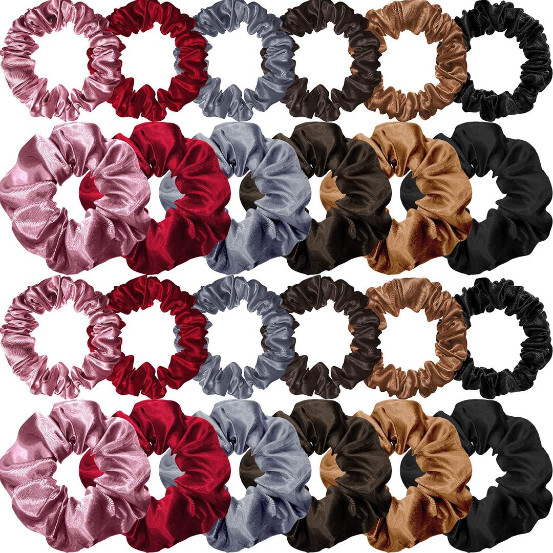 WILLBOND 24 Pcs Satin Scrunchies for Women Silk Hair Ties Set 2 Sizes Soft Ponytail Holders for Thick Curly Hair Assorted Colors for Daily Use Wedding Party Gifts(Charming Colors, Plain Pattern)