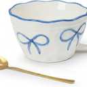 Koythin Large Bow Coffee Mugs, Vintage Coffee Mug, Irregular Ceramic Mug with Handle and Spoon, Cute Mugs Aesthetic for Home, Office, 13.5 oz for Tea, Milk, Cocoa and Oatmeal (Blue)