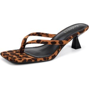 Kitten Flip Flop Thong Low Heels for Women Square Open Toe Slip On Heeled Sandals (7, Leopard)
