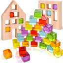 Woodtoe Wooden Building Blocks Set for Kids, 24 PCS Rainbow Gem Cubes Stacking Blocks - 2 Wood House, Montessori Stacking Toy for Toddlers, Educational STEM Sensory Birthday Toy for Boys Girls 3-6