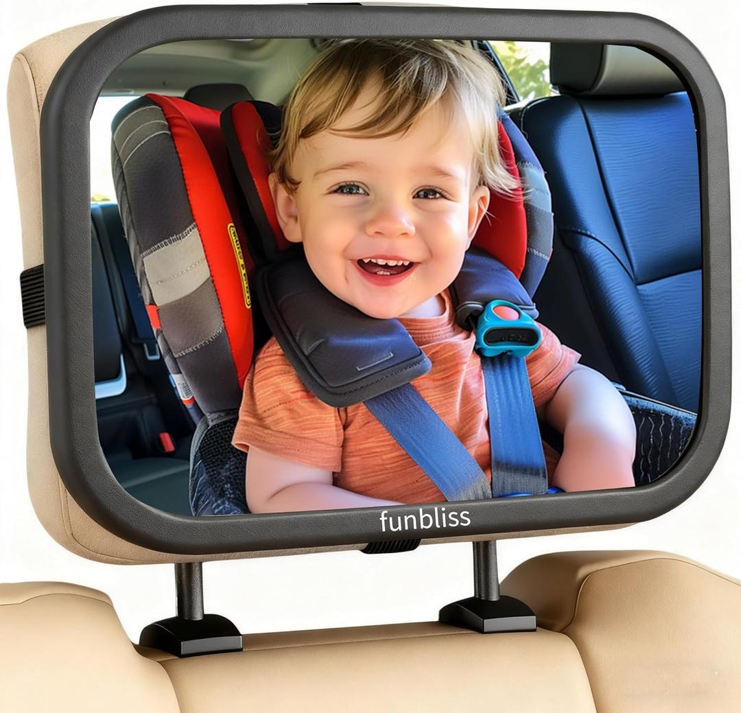 Funbliss Baby Car Mirror for Rear Facing Seat,360° Rotation, Safety Certified Shatterproof Acrylic Glass, Clear Wide View, Infant Mirror for Car Seat Rear Facing