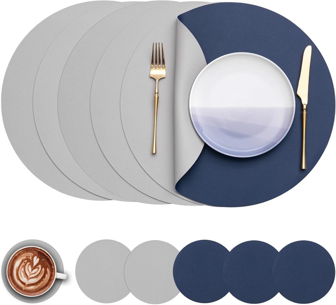 Myir JUN Round Placemats Set of 6 Faux Leather Place Mats and Coasters 15 inch Round Table Mats Dual Sided Non-Slip Stain Resistant Placemats (Light & Gray Blue, Set of 6)