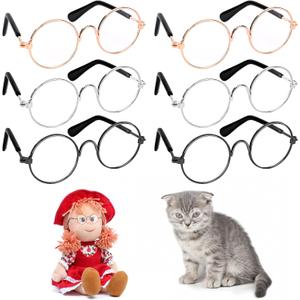 6 Pairs Doll Glasses Metal Wire Rim Clear Lens Small Eyewear Fabric Doll Dress Up Eyeglasses Retro Mini Sunglasses for Dolls Pets Costume Accessories Cosplay