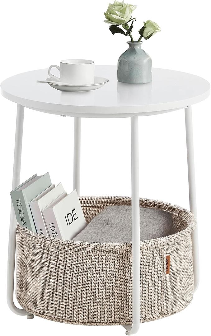 VASAGLE Side Table, Round End Table with Fabric Basket
Contemporary Style, for Living Room Bedroom, Matte White and Tan, LILEA Collection LET223W10