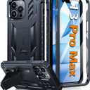 FNTCASE for iPhone 13 Pro-Max Case: with [Built-in Screen Protector & Kickstand] [Military-Grade Drop Protection] Heavy Duty Protective Full Body Shockproof TPU Phone Cover Black