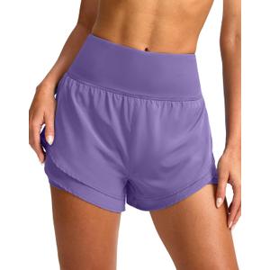 SANTINY Women's 2 in 1 Running Shorts with Pockets 3" High Waisted Exercise Workout Athletic Shorts for Women with Liner (Purple, L)