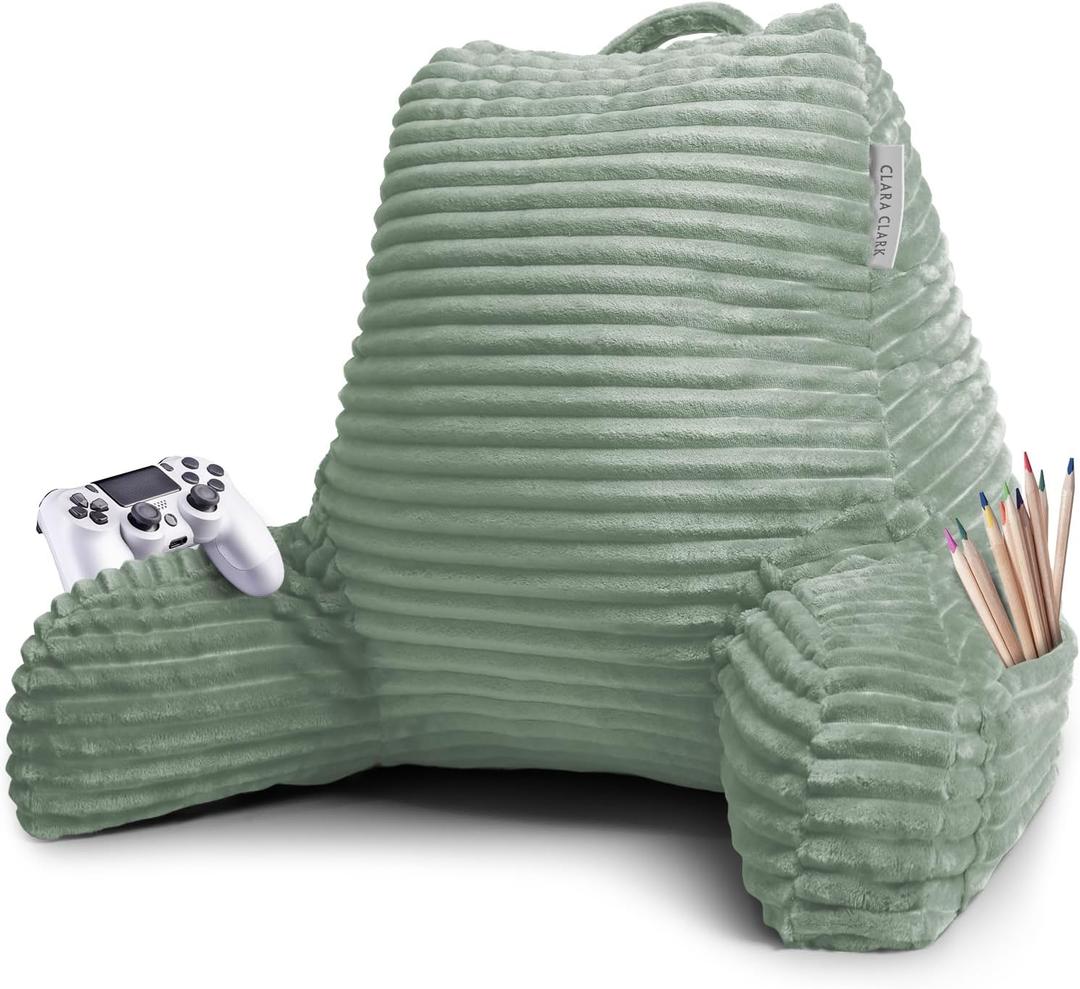 Clara Clark Reading Pillow for Bed Adult  Back Pillow for Sitting in Bed, Standard Plush Bed Pillows for Sitting Up in Bed, Shredded Foam Bed Chair Pillow with Arms and Pockets, Teal Bed Rest Pillow