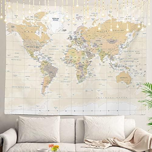 Shrahala World Map Tapestry Wall Hanging for Kids Student, Vintage Colorful Asia Usa Global White Beige Educational Tapestry for School Classroom Dorm Room Bedroom 59.1" L x 82.7" W,White Beige