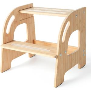 4 x Toddler Step Stool, Selucky Bamboo Height-Adjustable 2-Step Stool for Kids, Potty Training Stool with Handles for Bathroom Sink, Kitchen, Bedroom (Original)