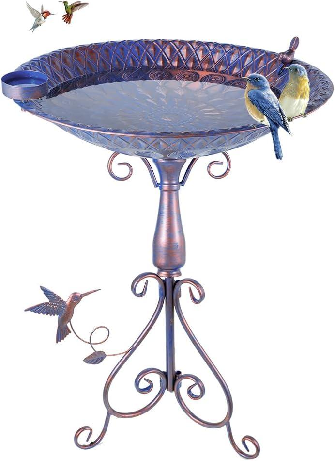 DREAMSOUL 20" Large Bird Bath with Stand, 4" Deep Bird Baths for Outdoors with Peacock Feather Pattern Metal Purple Birdbath for Lawn Patio Decor