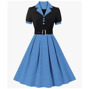 ODIZLI Women's 1950s Retro Dress Short Sleeve Notched Lapel Polka Dot Stripe Swing Dress with Belt Cocktail Dress L